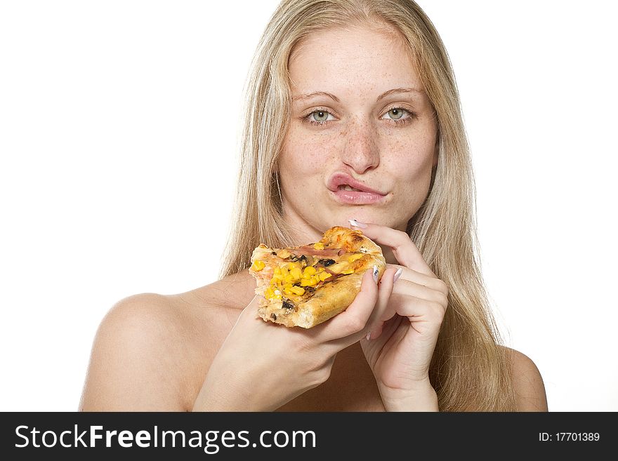 Young happy woman eating pizza, isolated on white. Young happy woman eating pizza, isolated on white