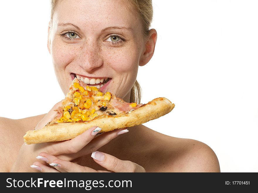 Young woman eating pizza