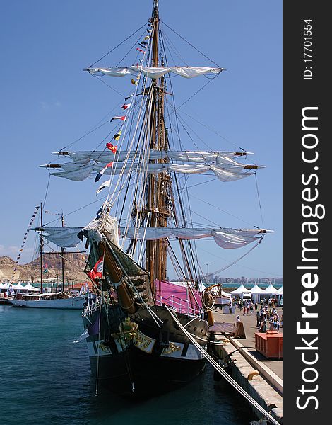 Antique sailing boat tied up in Alicante. Antique sailing boat tied up in Alicante