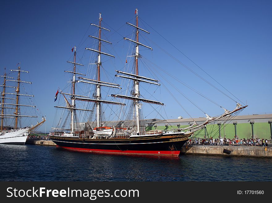 Antique sailing boat tied up in Alicante. Antique sailing boat tied up in Alicante