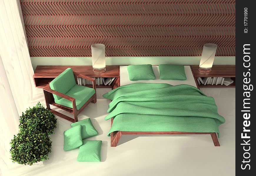 Bedroom interior in brown-green. Bedroom interior in brown-green