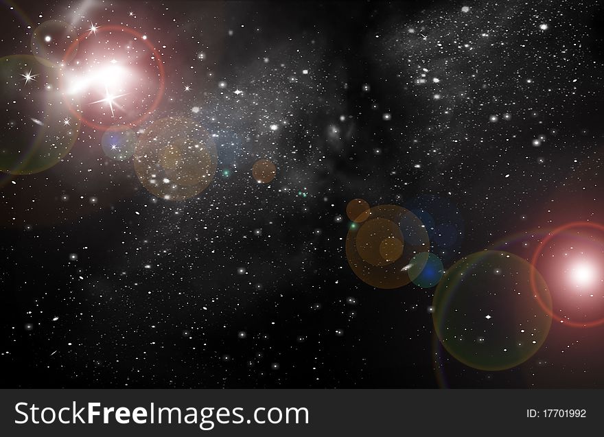 Planet in space in the star sky of flash, light