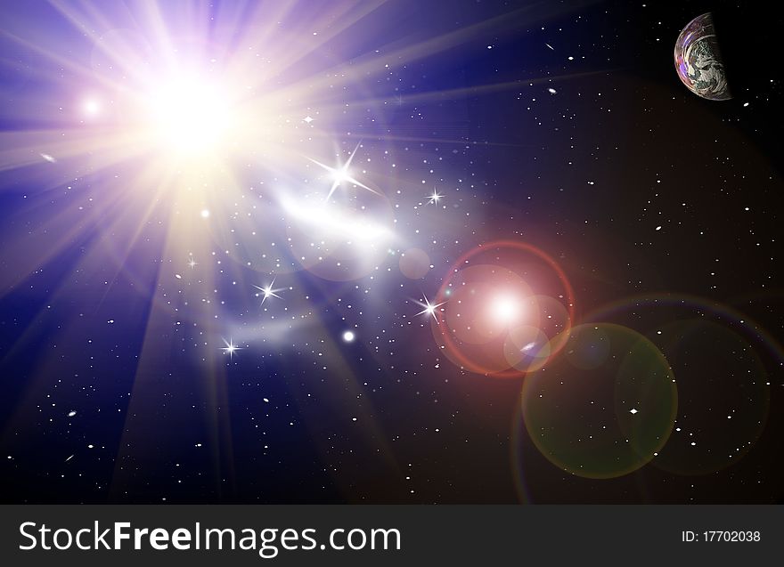 Planet in space in the star sky of flash, light