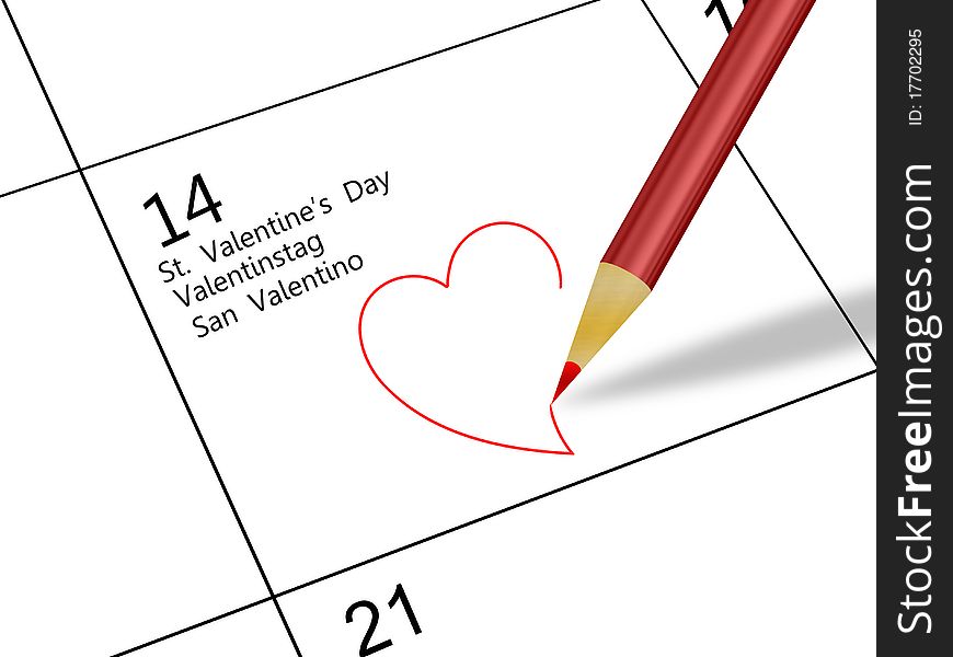 Calendar with pencil drawing hearts on Valentine's Day. Calendar with pencil drawing hearts on Valentine's Day
