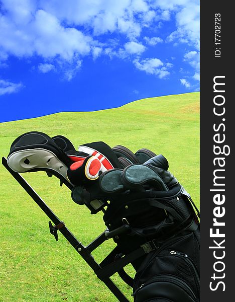 Image of a golf bag with blue sky. Image of a golf bag with blue sky