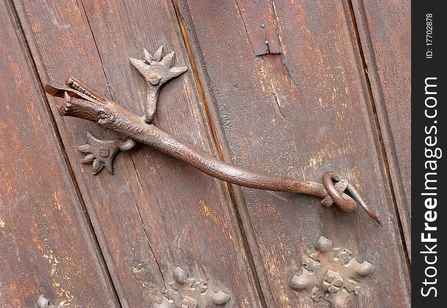 Door knocker that looks like a lizard on a brown door