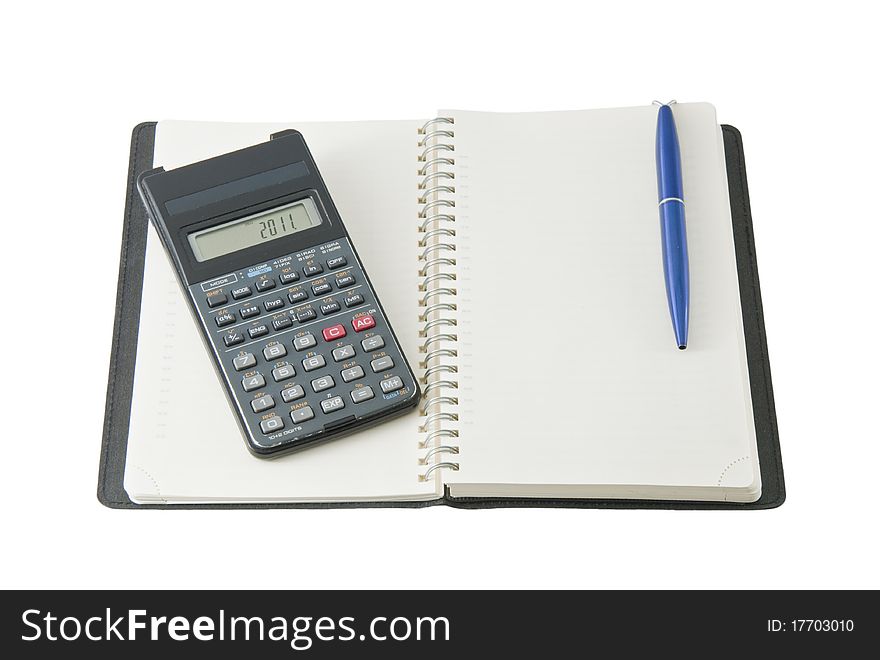 A black diary with calculator and one pen