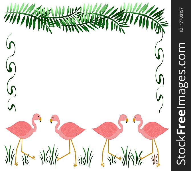 Pink flamingos on white with palm fronds illustration. Pink flamingos on white with palm fronds illustration