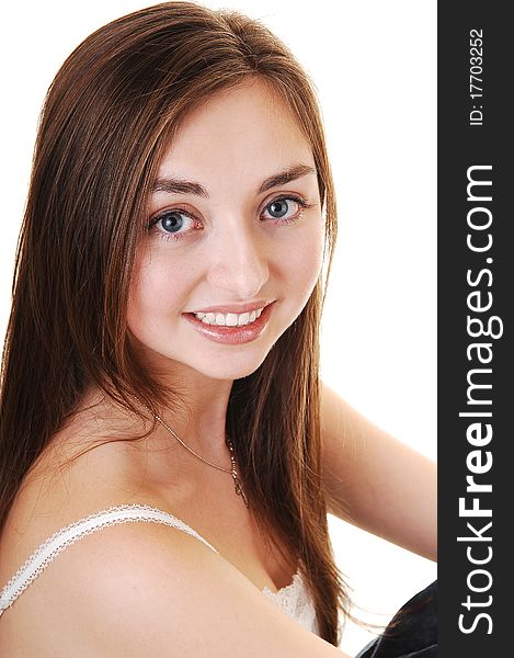 A portrait closeup of a beautiful girl with blue eyes and long brunette hair, smiling, for white background. A portrait closeup of a beautiful girl with blue eyes and long brunette hair, smiling, for white background.