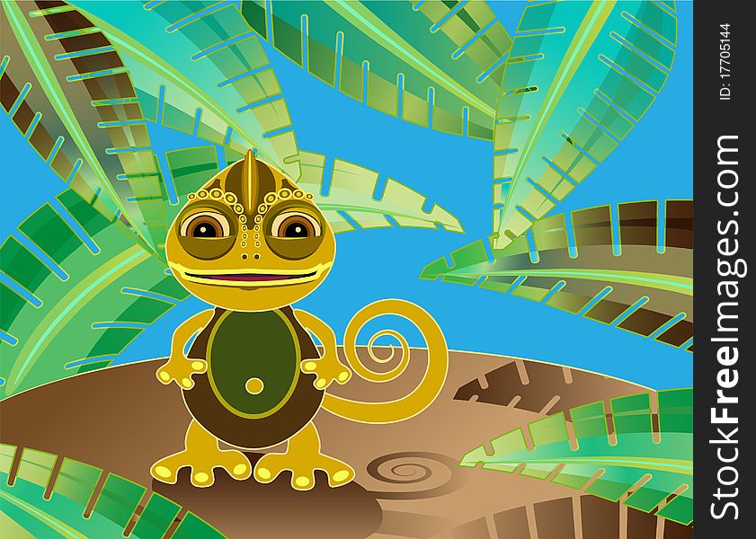 Little cartoon funny chameleon in the jungle