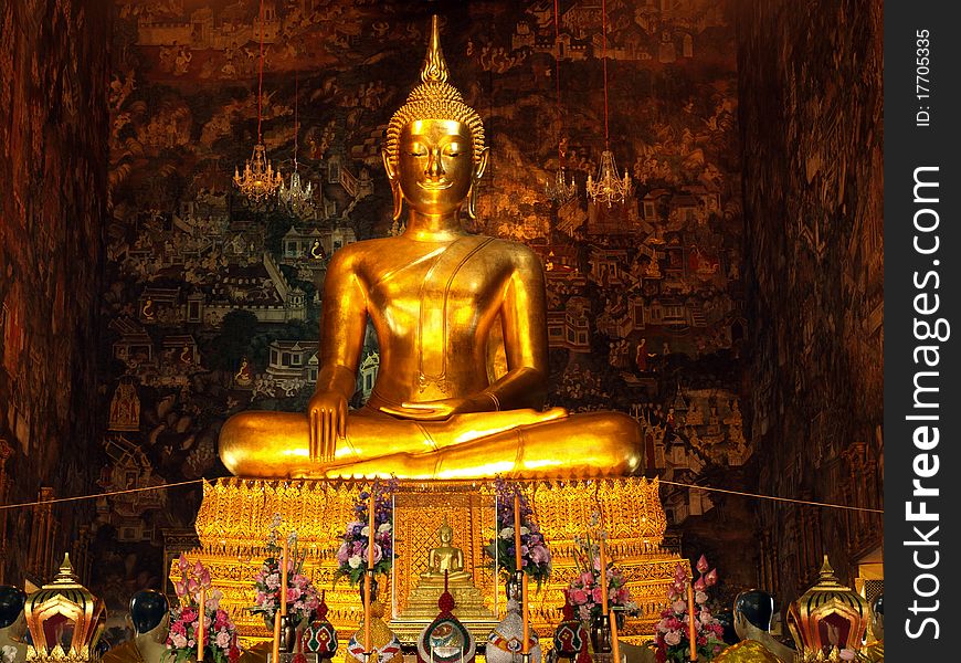 Golden buddha statue in temple ,Bangkok ,Thailand