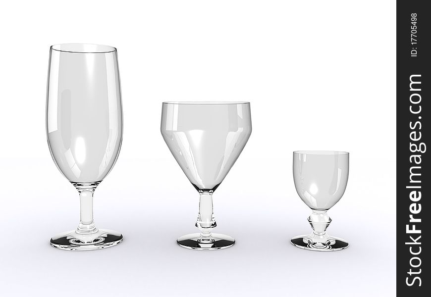 Three different glasses isolated on a white background (3d render)