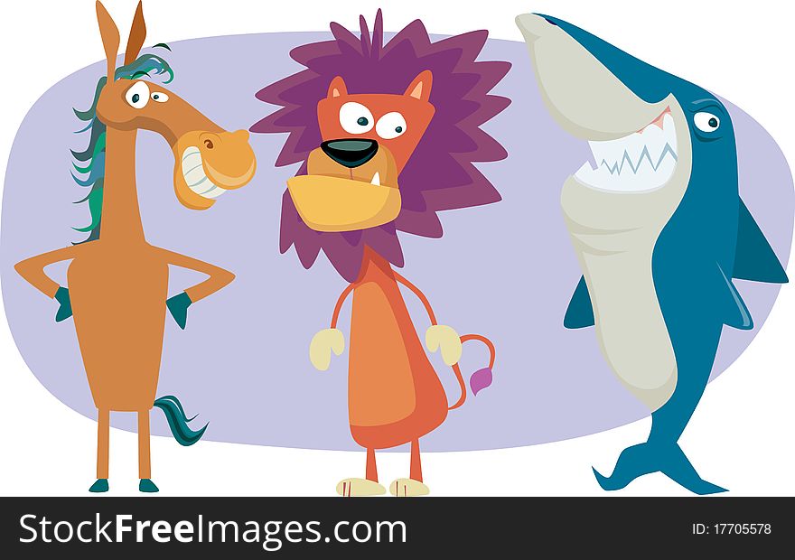 Illustration of a group of tree fun animal friends. Illustration of a group of tree fun animal friends