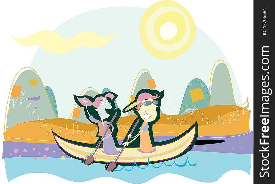 Illustration of boy and girl on boat. Illustration of boy and girl on boat