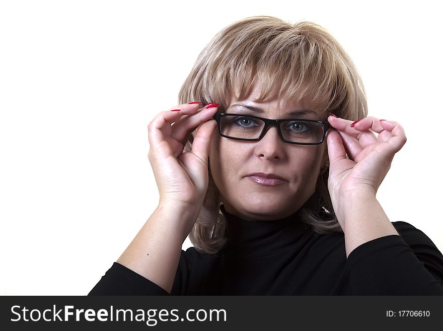 Portrait of the attentive blonde wearing spectacles. Portrait of the attentive blonde wearing spectacles