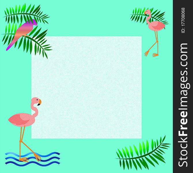 Pink flamingos and parrot with palm fronds illustration. Pink flamingos and parrot with palm fronds illustration
