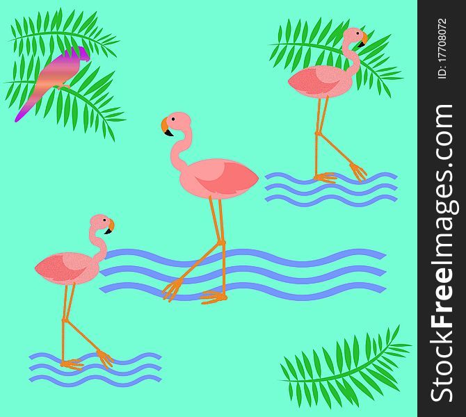 Pink flamingos and parrot with palm fronds illustration. Pink flamingos and parrot with palm fronds illustration