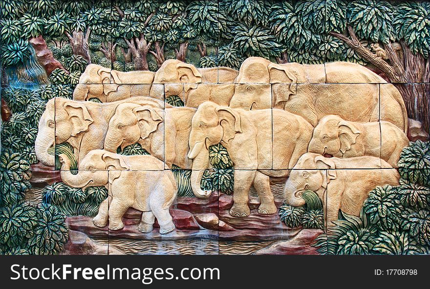 Carved elephant on the wall, Thai Art Wall tiles for home decoration