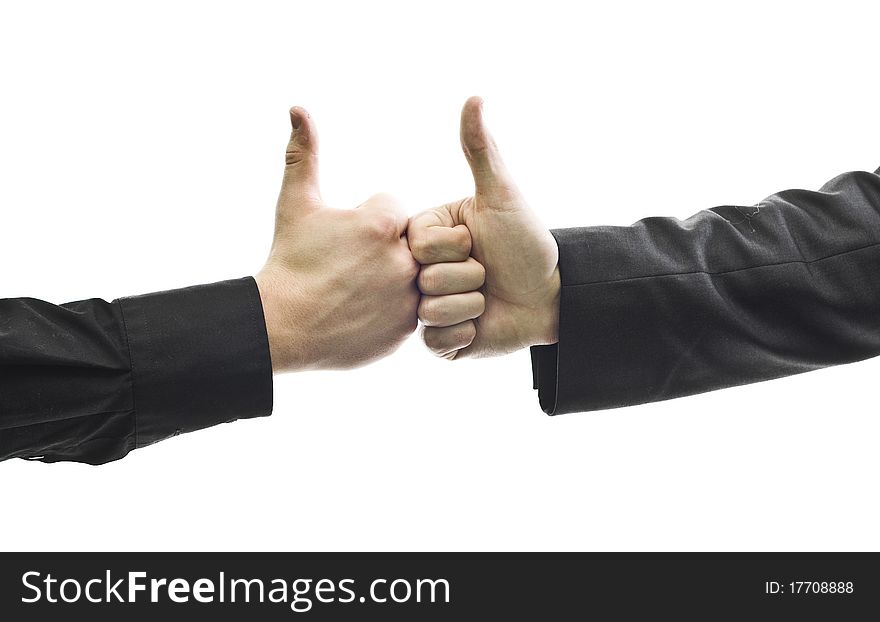 Two businessman holding thumbs up, isolated on white, in suits