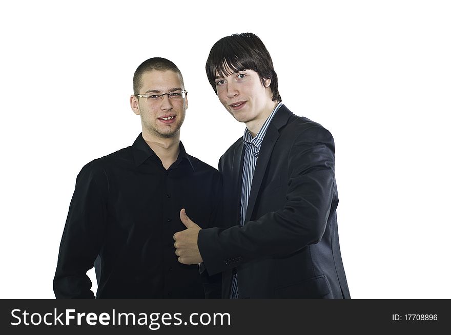Two businessman staying together, one holding thumb up, isolated on white