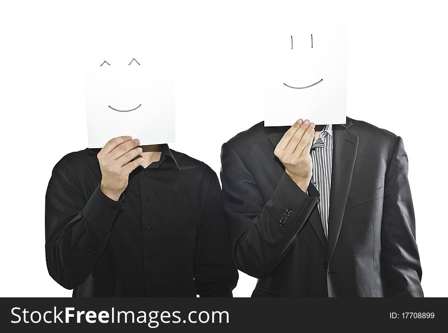 Businessmen in suits with paper sheets, smiling emoticons, happy. Businessmen in suits with paper sheets, smiling emoticons, happy