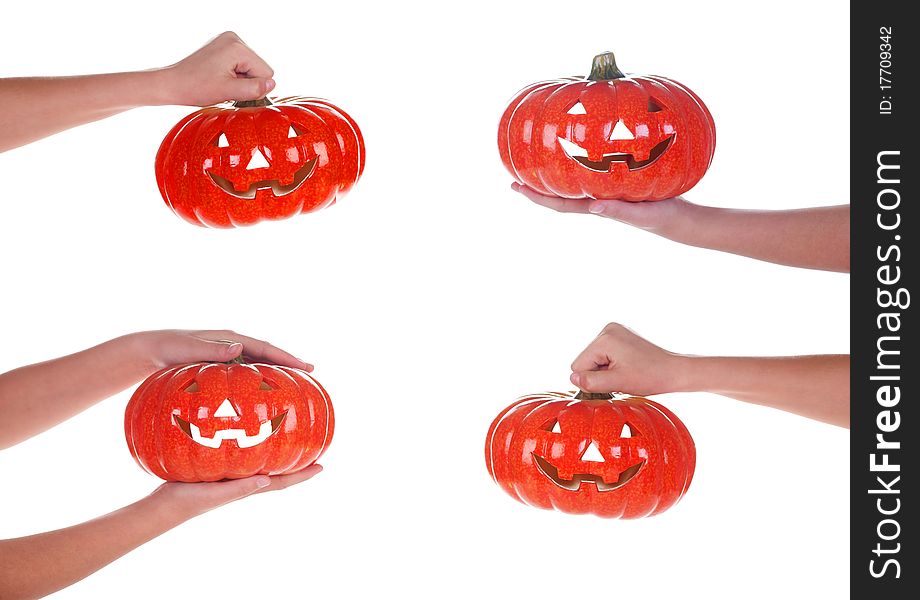 Halloween Pumpkin In A Female Hand, Isolated