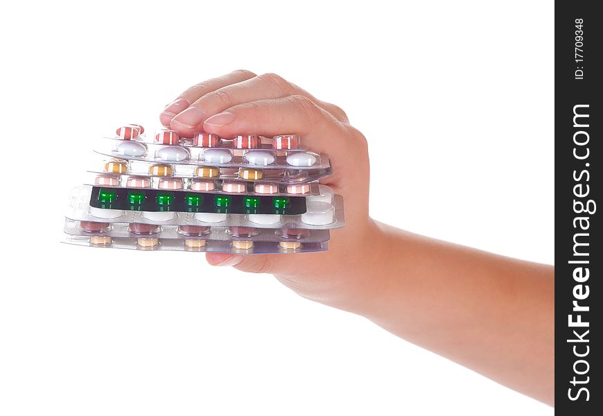 Medical Pills On A Female Hand, Isolated