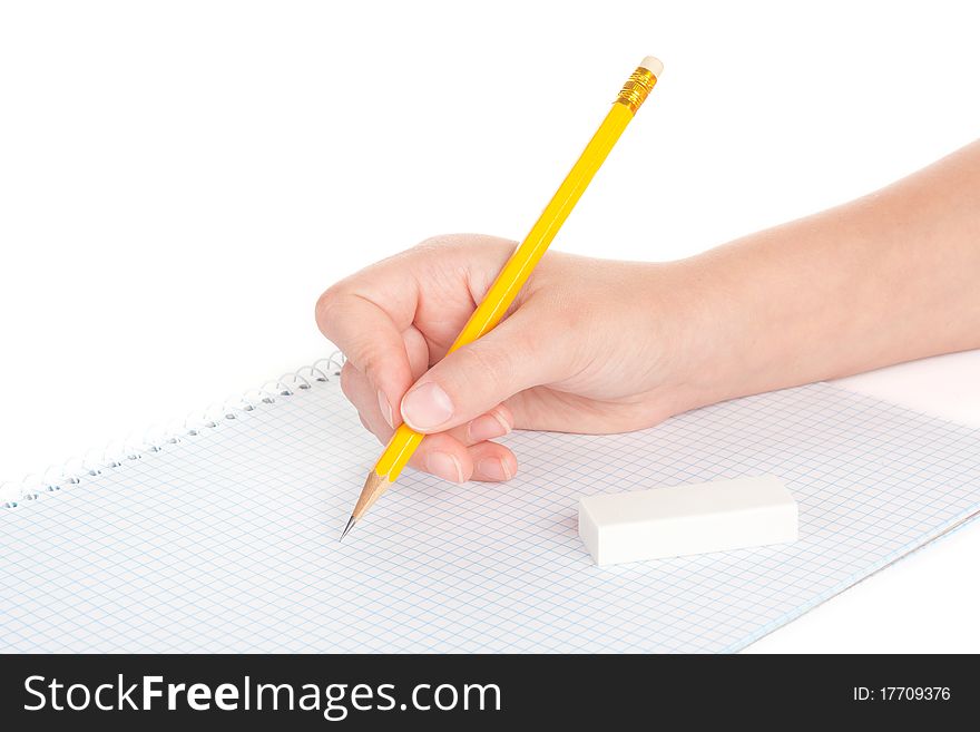 Hand With Pencil And A Notebook, Isolated