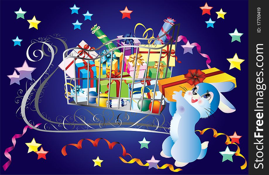 Sleigh with gifts and a rabbit on a blue background with stars. Sleigh with gifts and a rabbit on a blue background with stars.