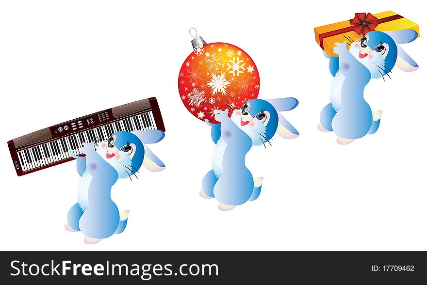 Three rabbits with a gift, a ball and a piano. Three rabbits with a gift, a ball and a piano.