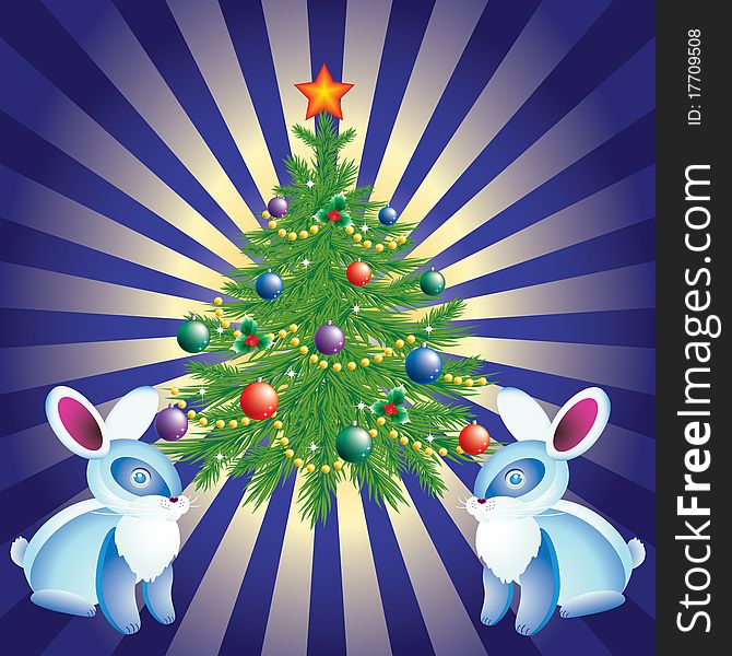 Christmas tree and rabbits on a background of blue rays. Christmas tree and rabbits on a background of blue rays.