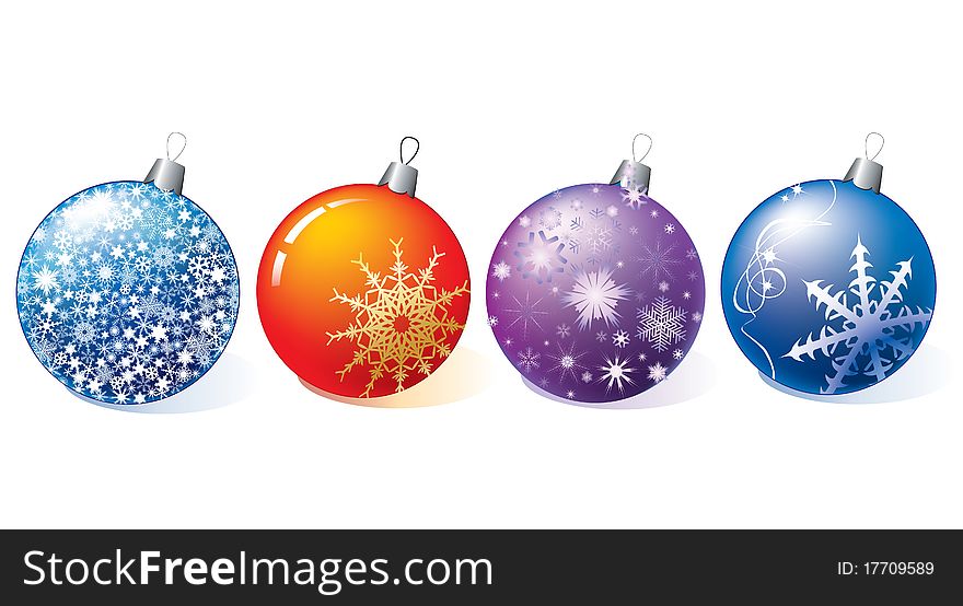 Four Christmas colored ball with snowflakes. Four Christmas colored ball with snowflakes