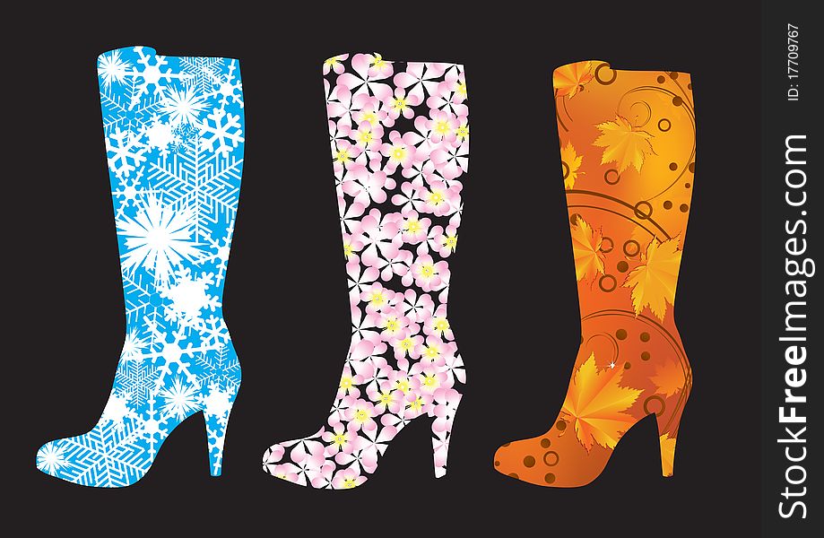 Abstract boots, decorated with snowflakes, flowers and leaves. Abstract boots, decorated with snowflakes, flowers and leaves.