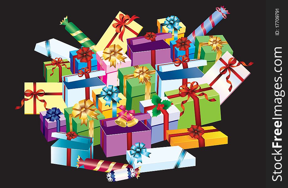Coloured packing with gifts on a black background. Coloured packing with gifts on a black background.