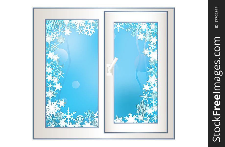 Window on the background of a winter landscape with snowflakes. Window on the background of a winter landscape with snowflakes