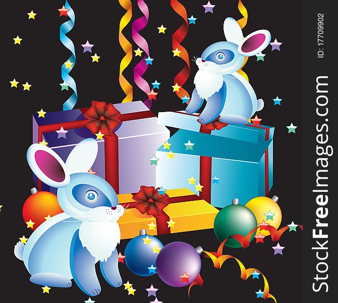 Colored boxes, Christmas balls, and rabbits on a black background with stars. Colored boxes, Christmas balls, and rabbits on a black background with stars.