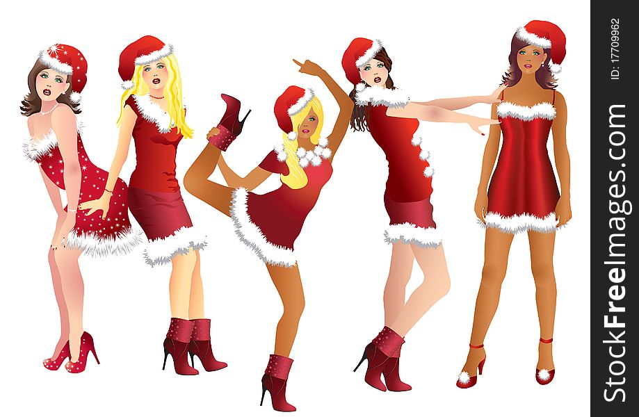 Five Snow Maidens in red suits and Christmas bells. Five Snow Maidens in red suits and Christmas bells.