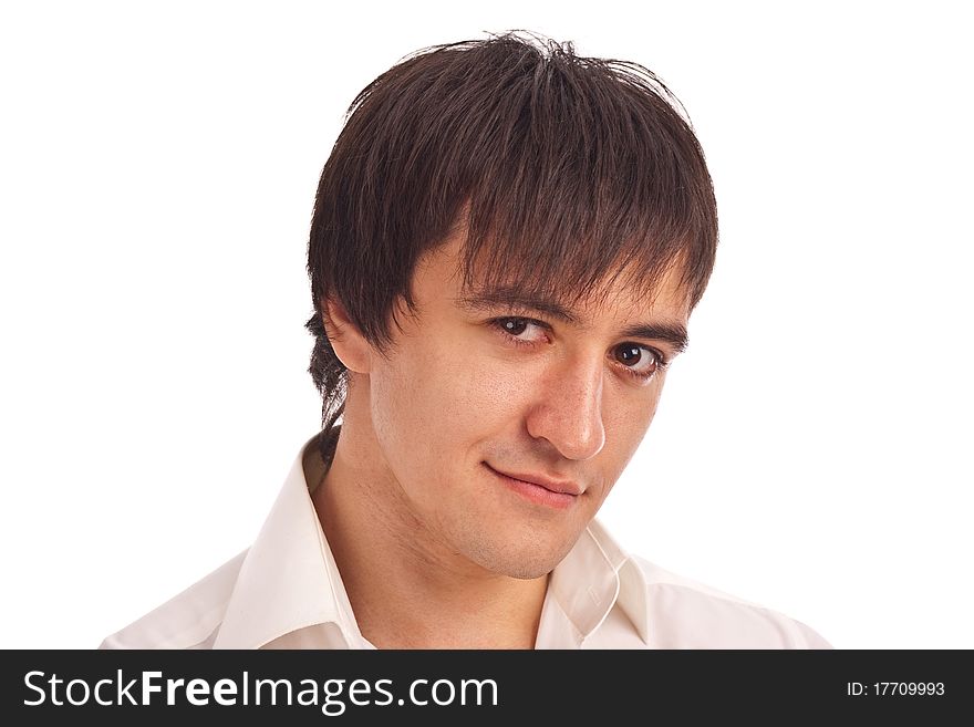 Portrait serious guy in a white shirt isolated. Portrait serious guy in a white shirt isolated