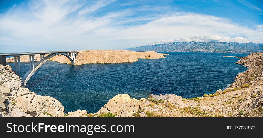 Pag Bridge - Paski Bridge That Connects The Island Of Pag To The Croatian Mainland Above An Adriatic Sea Strait Called Ljubacka