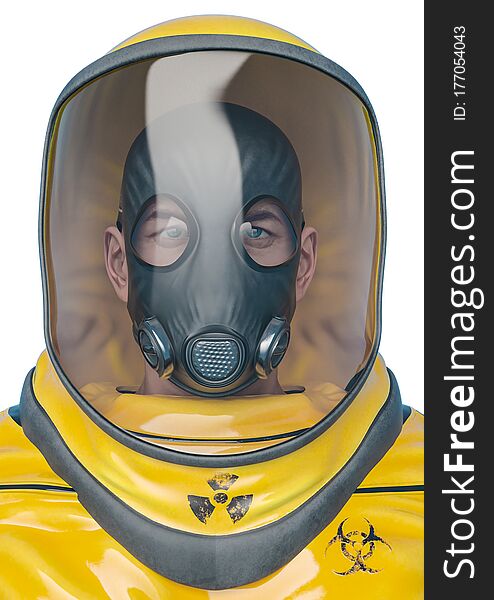 Man in a biohazard suit portrait, 3d illustration