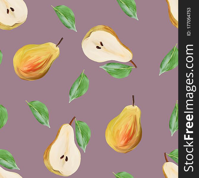 Harvest sweet pears with leaves fruit gouache illustration freehand drawn seamless pattern. Food pattern, painted manually on tan background