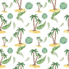 Hand Drawn Watercolor Seamless Pattern With Tropical Plants And Leaves Palm Tree On White Background Royalty Free Stock Images
