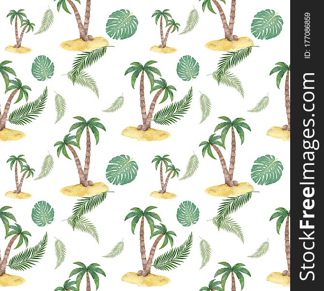 Hand Drawn Watercolor Seamless Pattern With Tropical Plants And Leaves Palm Tree On White Background