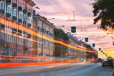 Gomel, Belarus. Traffic And Light Trails On Lenin Avenue In Eveining Or NIght. Street At Night At Long Exposure Royalty Free Stock Photos