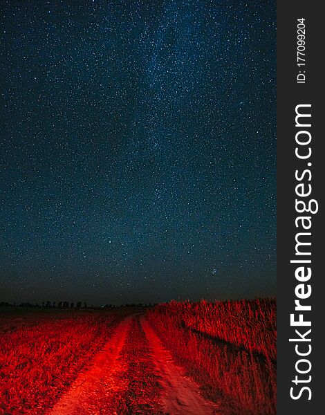 Night Starry Sky With Glowing Stars Above Country Road Is Lit In Red. Countryside Field Landscape.