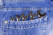Blue Jeans Pocket With Wrenches Royalty Free Stock Photos Blue Jeans Pocket With Wrenches Royalty Free Stock Photos