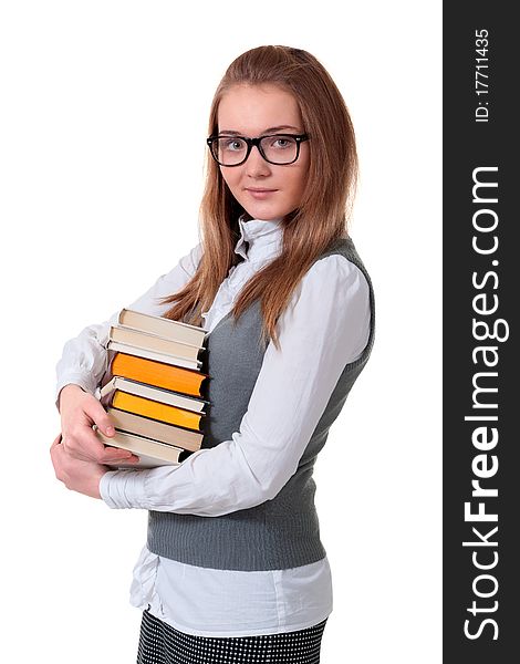 Young girl with book on white background bespectacled