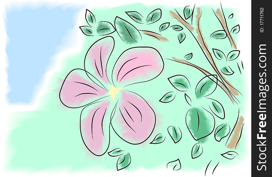 Watercolor pink flower on a green background. Watercolor pink flower on a green background
