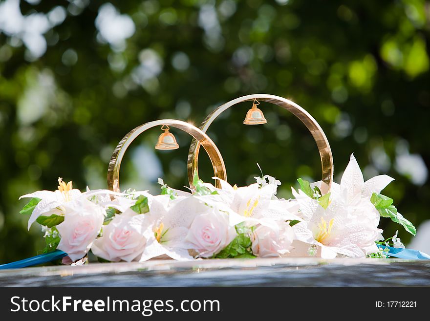 Wedding rings on the top of the car