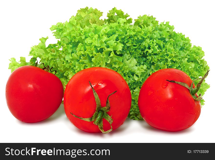 Red Tomatoes And Green Lettuce, Isolated On White